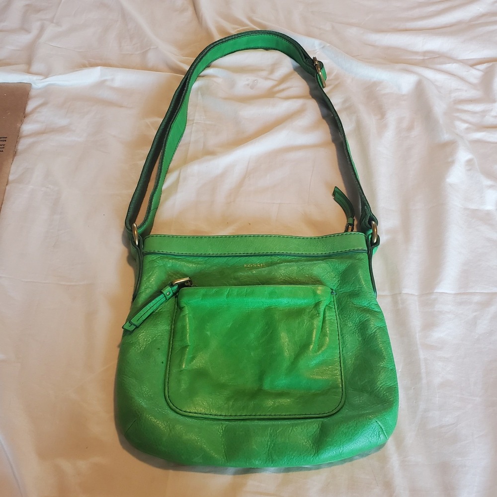Fossil Green Leather Crossbody Bag Adjustable Strap Kelly Green